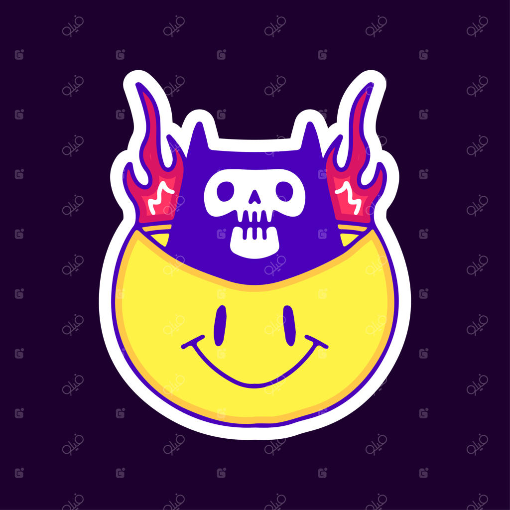 جمجمه گربه شعله‌ور درون ایموجی خندان - طراحی برای تیشرت و برچسب.