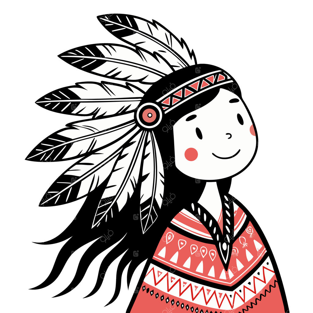 تصویرسازی دختر سرخپوست با سربند پَردار و لباس سنتی رنگارنگ