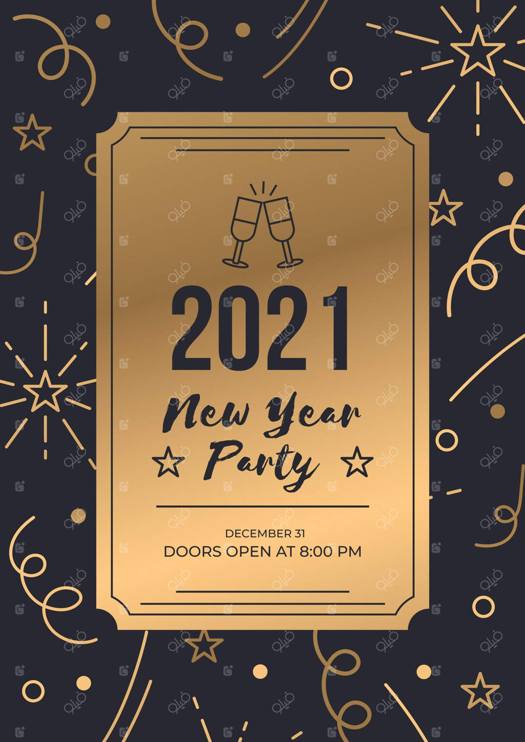 قالب پوستر بلیط طلایی لوکس سال نو ۲۰۲۱