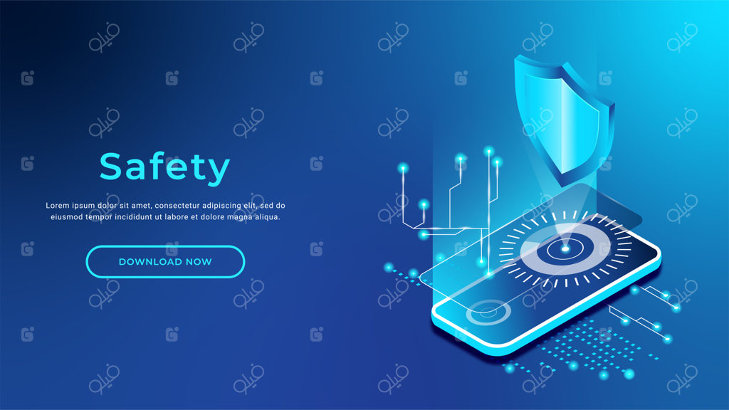 بنر مفهومی امنیت سایبری و محافظت از اطلاعات شخصی در تلفن همراه با طراحی ایزومتریک