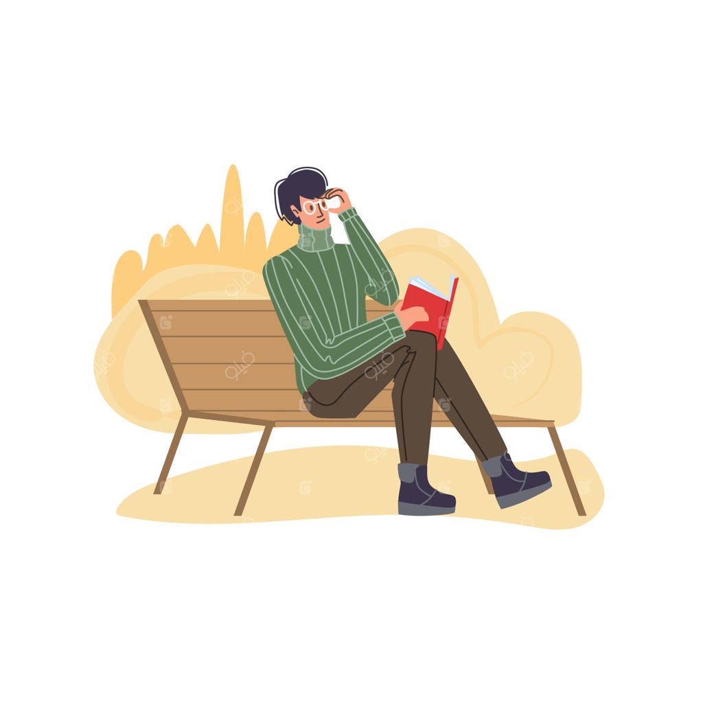 شخصیت کارتونی با طراحی تخت در حال کتاب خواندن روی نیمکت در فضای باز تابستانی