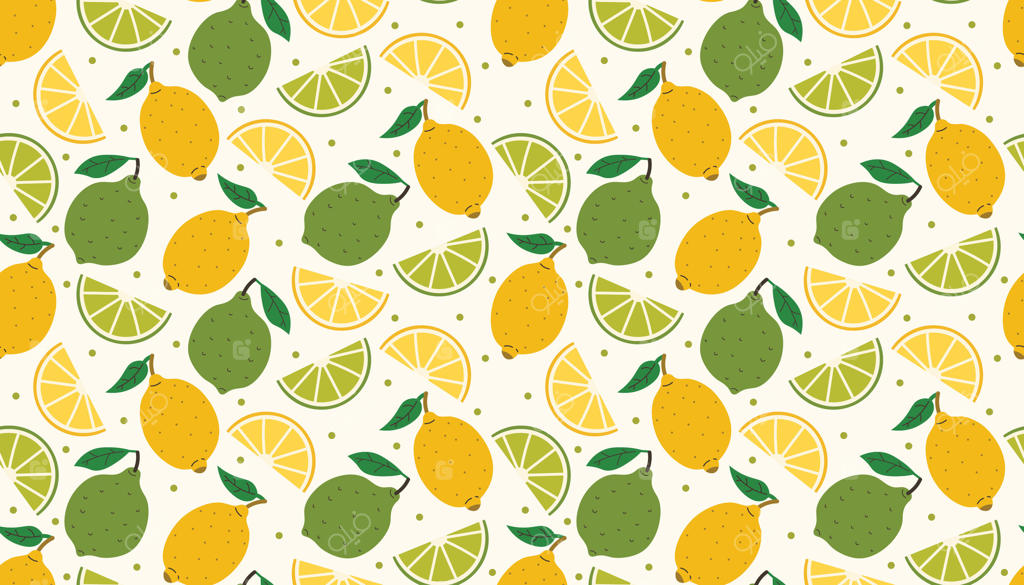 طرح شادی‌آور پیوسته لیمو و لایم با برش‌های آبدار، برگ‌ها و نقطه‌ها – رنگ‌های شاد و سبک کارتونی تمیز آن را ایده‌آل برای پارچه، کاغذ کادو، دکور آشپزخانه یا هنر دیجیتال میوه‌ای می‌کند.