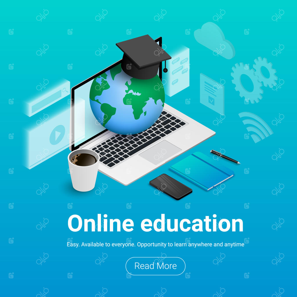بنر آموزش آنلاین: مفهوم ایزومتریک یادگیری الکترونیکی. لپ‌تاپ با صفحه‌نمایش شفاف، سیاره، کلاه فارغ‌التحصیلی، دفترچه، تلفن، قهوه، اسناد، قلم و متن و دکمه