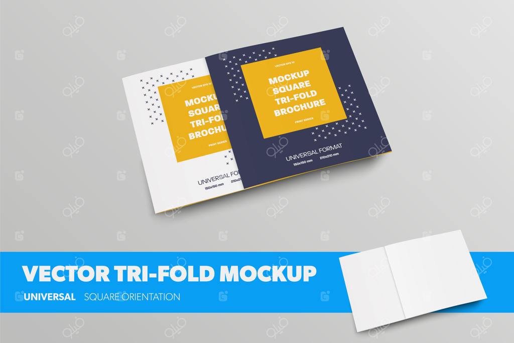 پترن جزوه مربع وکتور، نمای جلو و پشت، سه بخشی، برای ارائه طراحی. ماکاپ بروشور خالی با سایه‌های واقع‌گرایانه بر روی پس‌زمینه. مجموعه‌ای از بروشورهای کسب‌وکار