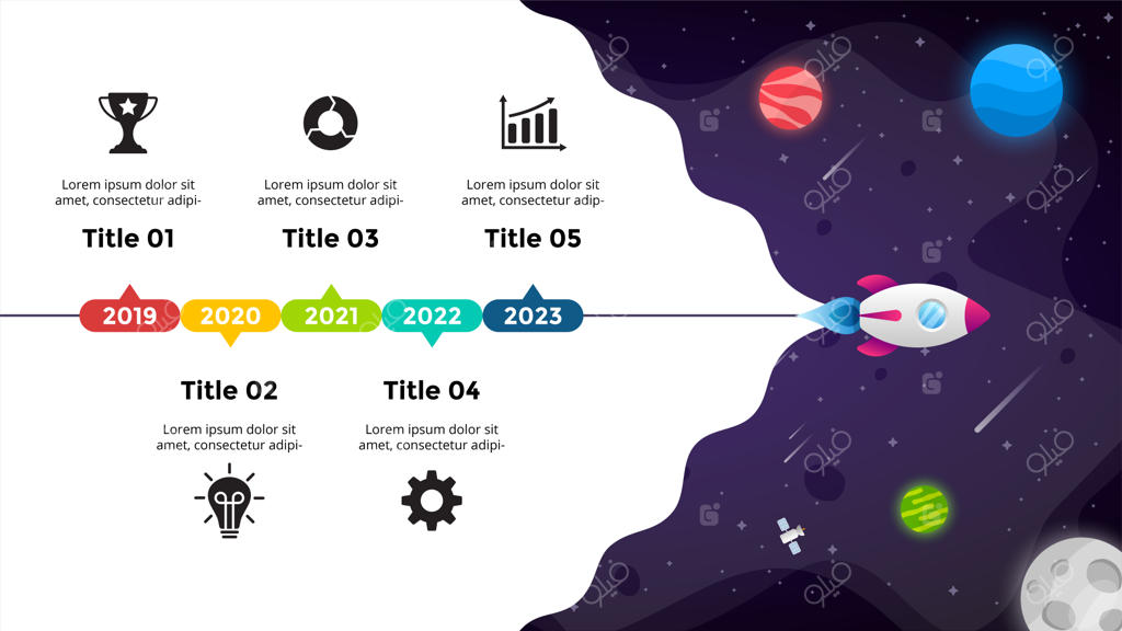 قالب اسلاید ارائه: اینفوگرافیک شروع پرتاب موشک به فضا با پس‌زمینه‌ای از کهکشان‌ها و ستاره‌ها