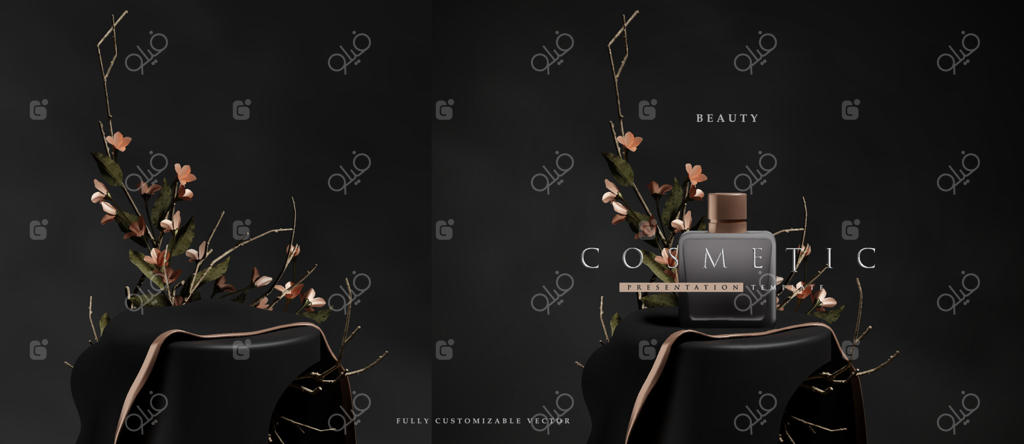 صحنه سکوی شیک و تاریک برای ارائه محصول با گل‌ها و شاخه‌های تزئینی واقعی به سبک طبیعت بی‌جان. قالبی حرفه‌ای برای نمایش محصول.