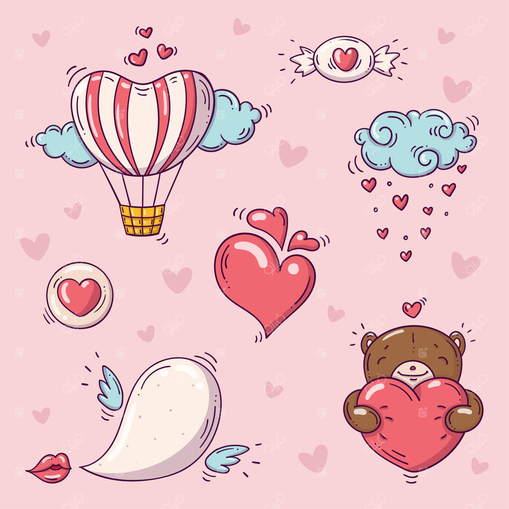 مجموعه‌ای از عناصر برای روز ولنتاین به سبک دودل روی پس‌زمینه صورتی با قلب‌ها