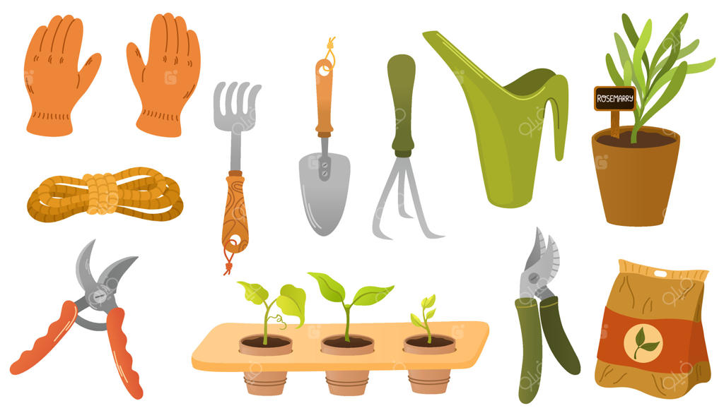 مجموعه ابزار باغبانی: ابزارهای باغبانی و گیاهان در گلدان‌ها. بسته‌ای از تجهیزات برای گزارش‌دهی گیاهان خانگی. مجموعه بزرگی از عناصر و ابزارهای باغبانی. تصویرسازی دست‌ساز با پس‌زمینه سفید.