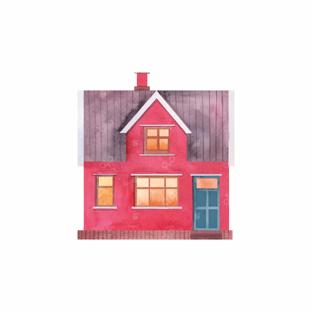 آبرنگ تصویرسازی خانه قرمز نروژی - تصویرسازی خانه بامزه برای طراحی پارچه