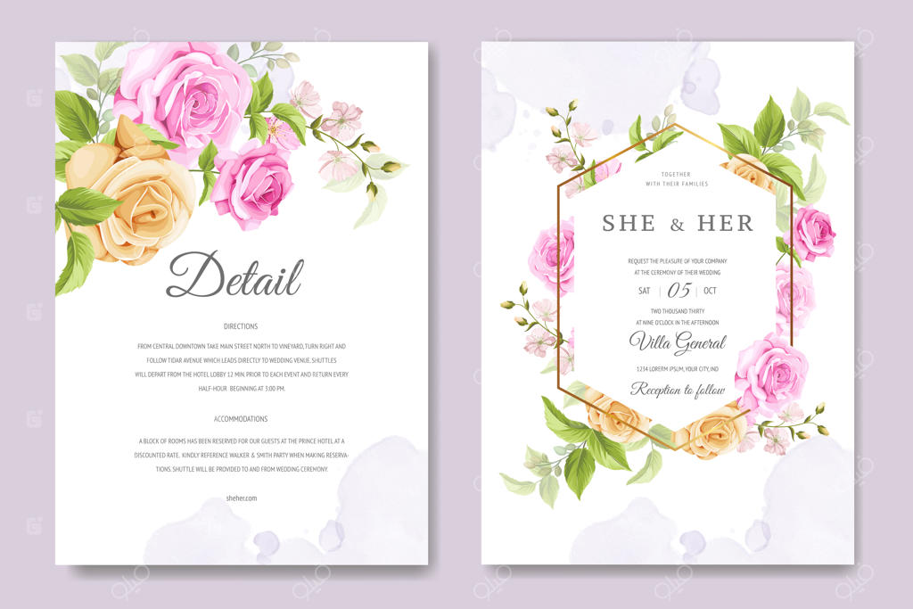 کارت دعوت زیبا با طرح گل‌ها و برگ‌های رنگارنگ