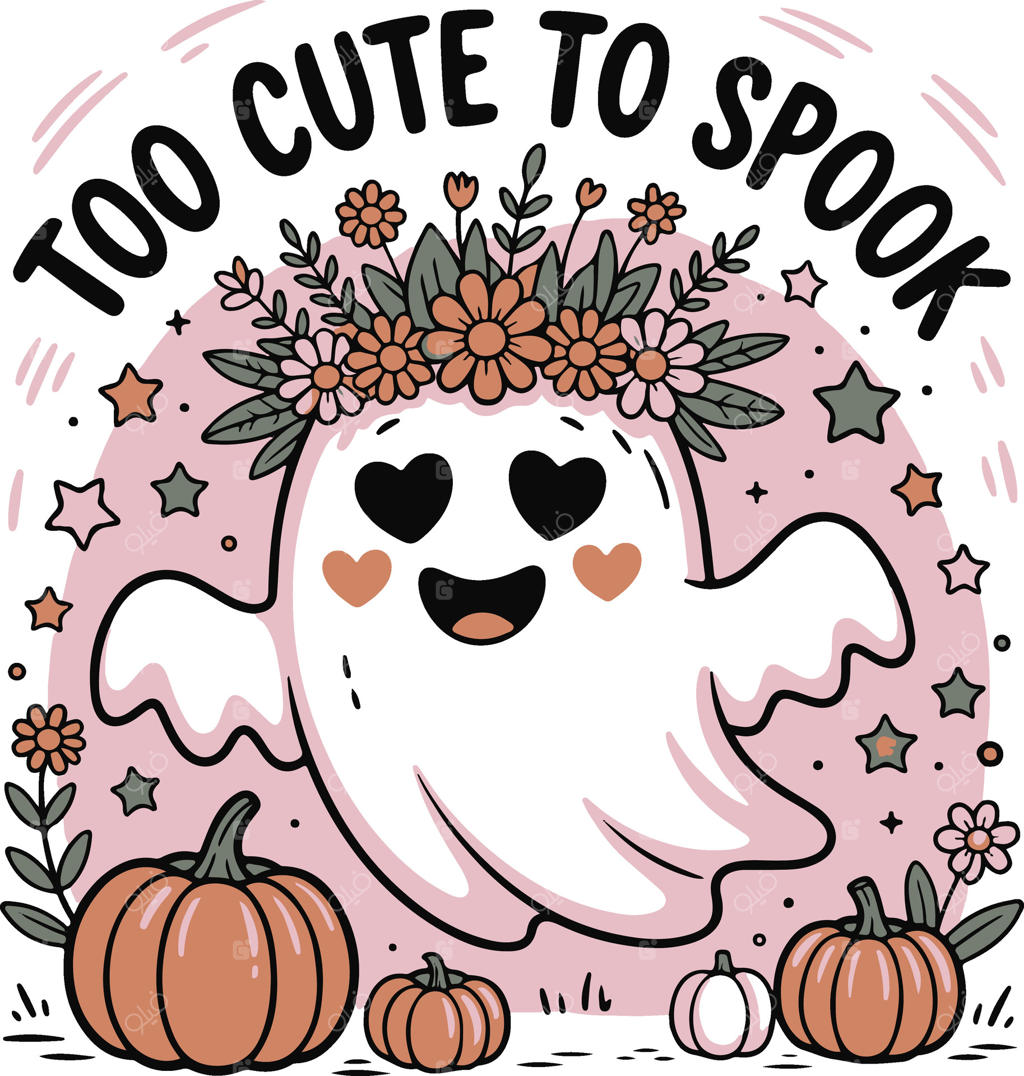 شبح بامزه هالووین با تاج گل و کدو تنبل - طراحی برای فصل هالووین و تی‌شرت‌ها