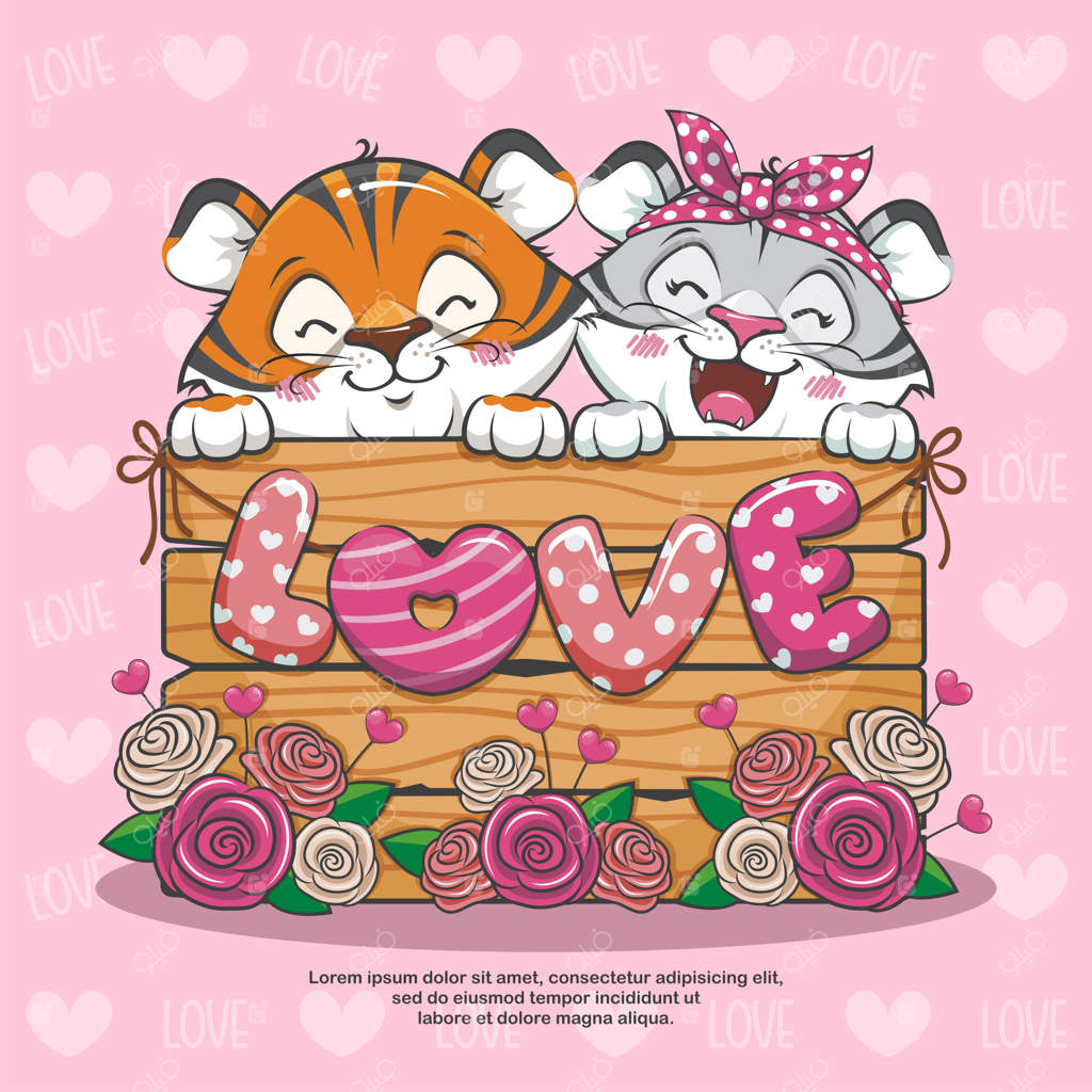 عشق زوج ببر بامزه با بادکنک عشق و گل رز، والنتاین حیوانات، تصویرسازی کارتونی