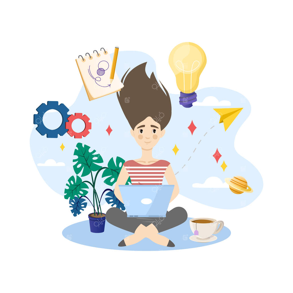 زن جوانی که از خانه با لپ‌تاپ کار می‌کند و ایده‌های جدید تولید می‌کند