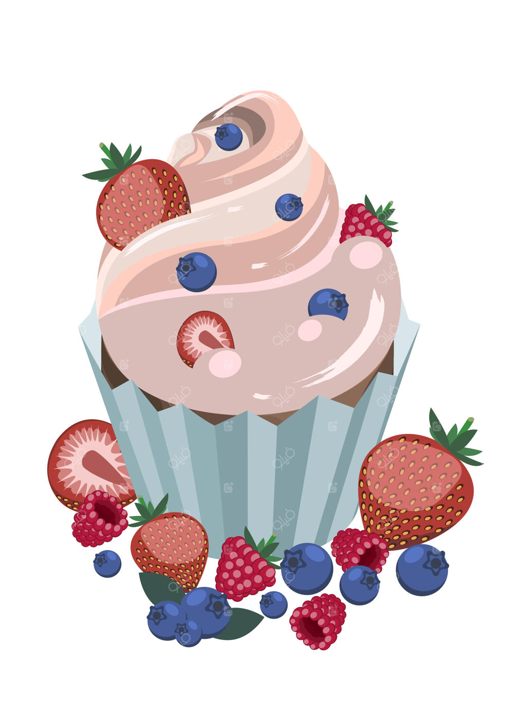 تصویر ایزومتریک وکتوری از دسر کاپ‌کیک همراه با توت‌های تازه