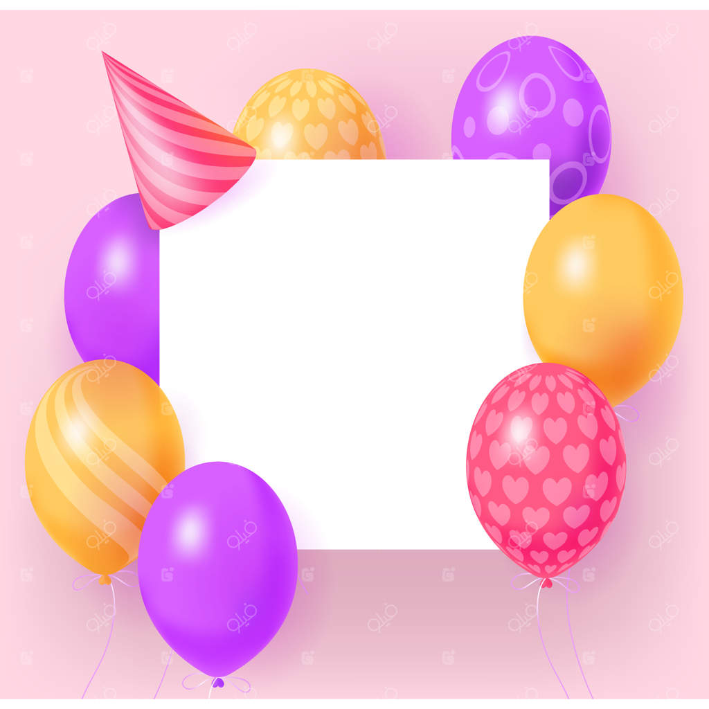 بنر تعطیلات تولدت مبارک با قاب کاغذ سفید، بادکنک‌های براق سه‌بعدی واقعی و کلاه مهمانی.