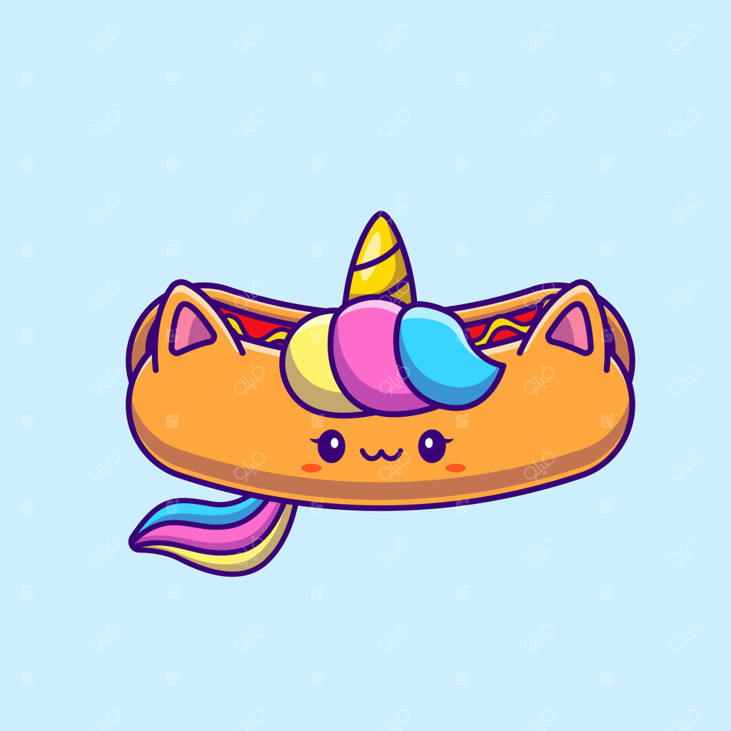 تصویر کارتونی بامزه از هات داگ یونیکورن. مفهوم غذای حیوانات. ایزوله و به صورت فلت.