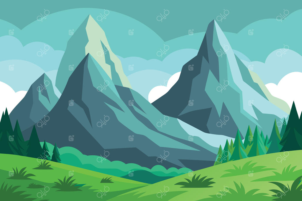 منظره کارتونی با قله‌های کوه دندانه‌دار، دشت‌های سبز، درختان همیشه‌سبز و آسمان ابری