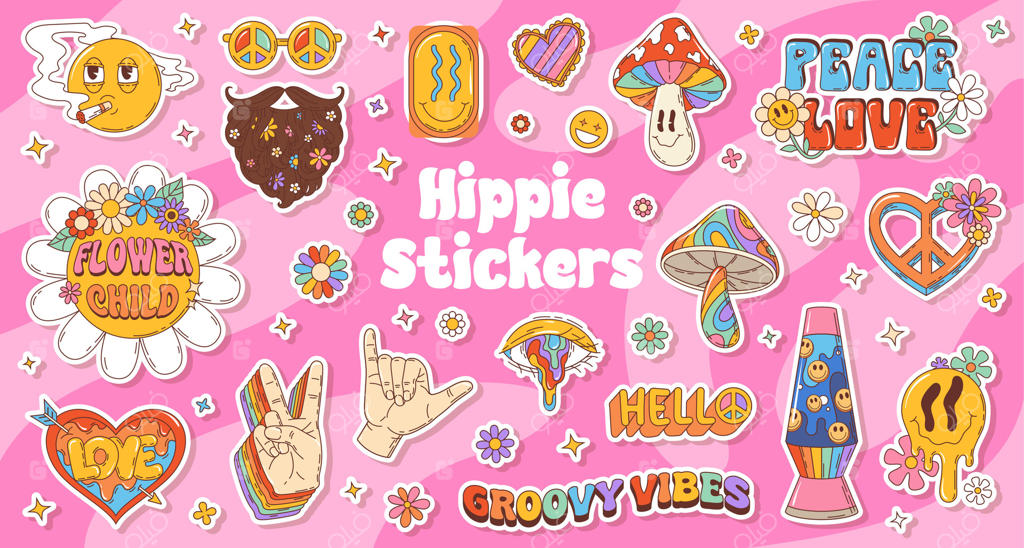 بسته استیکرهای رترو با نمادهای دهه ی2 کا و هیپی‌های جذاب