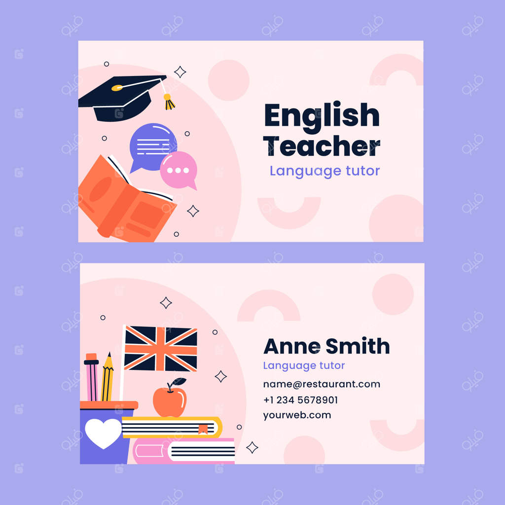 کارت ویزیت افقی درس‌های زبان انگلیسی با طراحی تخت