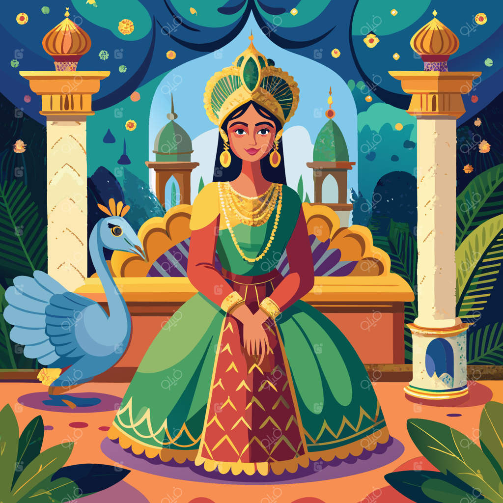 ملکه مغول در باغ معبد در کنار طاووس‌ها در حال استراحت