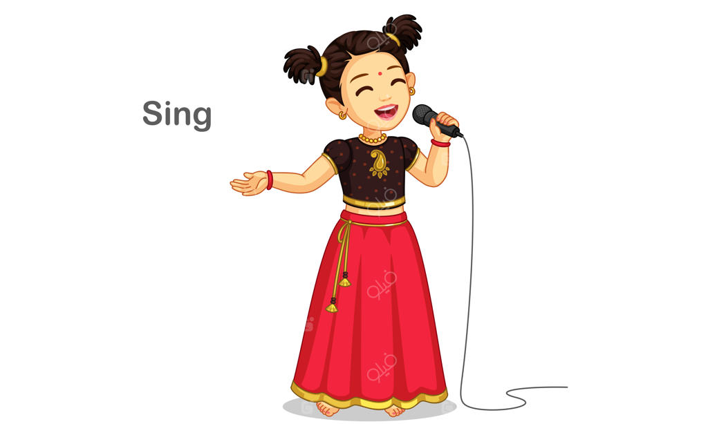 تصویر دختر کوچولوی بامزه‌ای با لباس سنتی که آواز می‌خواند