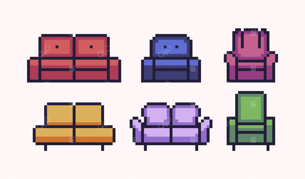 ست پیکسل آرت مبل و کاناپه. مجموعه مبلمان نشیمن. صندلی راحتی به سبک ۸ بیتی.