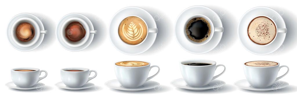 فنجان قهوه: مدل‌های سه‌بعدی واقعی از رسترتو داغ، اسپرسو، امریکانو با فوم، لاته و کاپوچینو با خامه در نماهای جلو و بالا