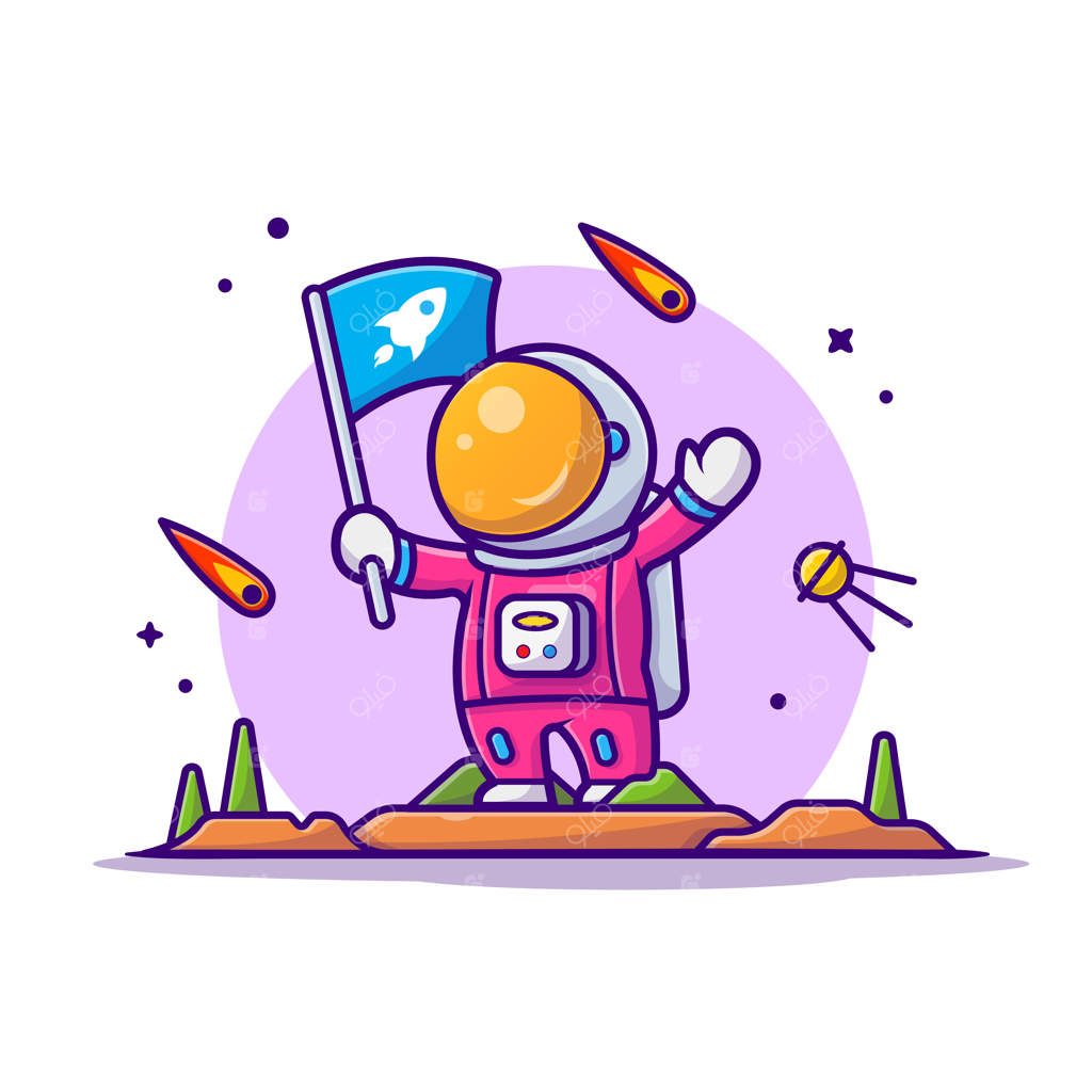 تصویر کارتونی فضانورد بامزه در حال نگه‌داشتن پرچم روی سیاره.