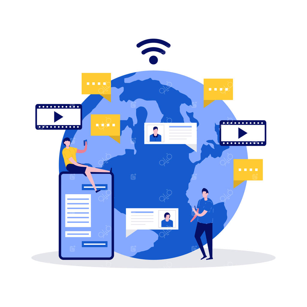 برنامه‌های رسانه‌های اجتماعی، خدمات، ارتباطات جهانی و مفهوم چت زنده با کاراکترها.