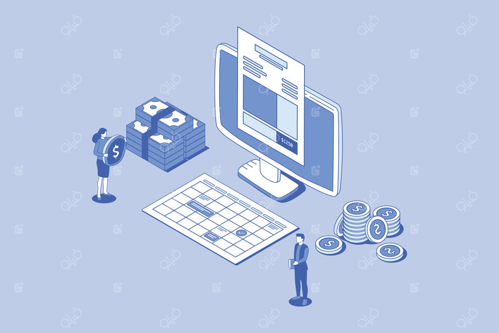 مفهوم فاکتور دیجیتال آنلاین روی صفحه کامپیوتر با افراد و پول به سبک ایزومتریک