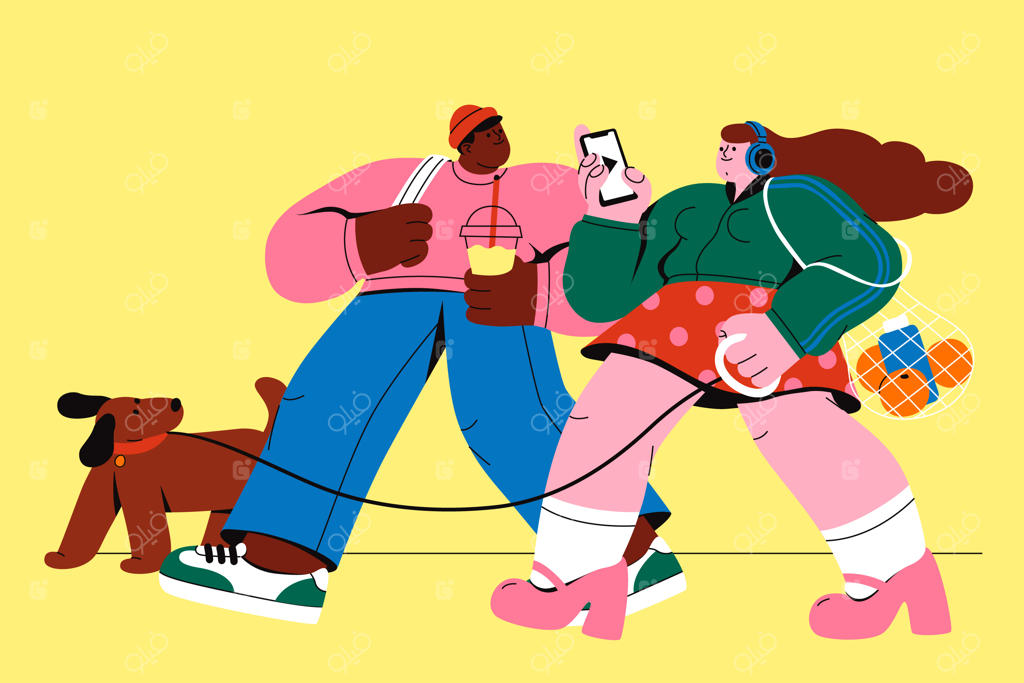 دوستان در حال پیاده‌روی با سگشان در خیابان