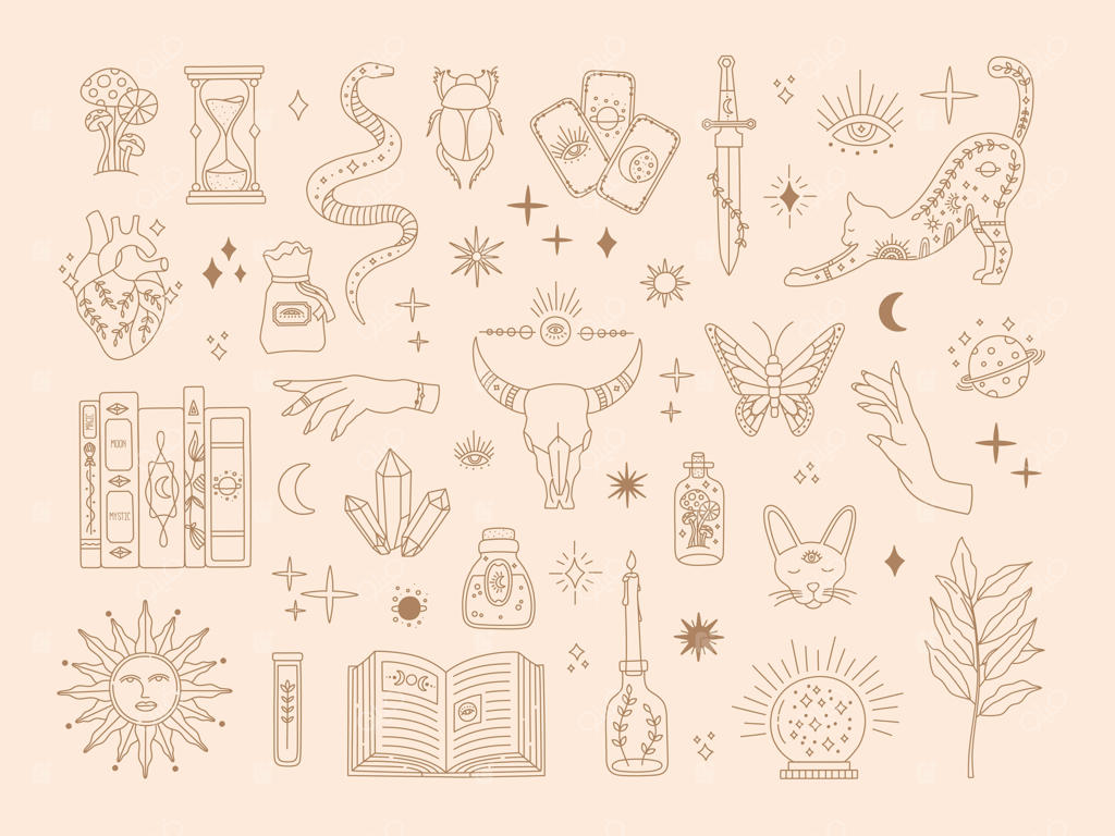 جادوی مقدس: مجموعه بزرگ نمادهای مرموز و جادویی برای طرح تاتو، هنر خط طلایی دستی، عناصر مدرن بوهو شامل خورشید، ستاره‌ها، چشم و معجون. آیکون‌ها و لوگوها به‌صورت وکتور