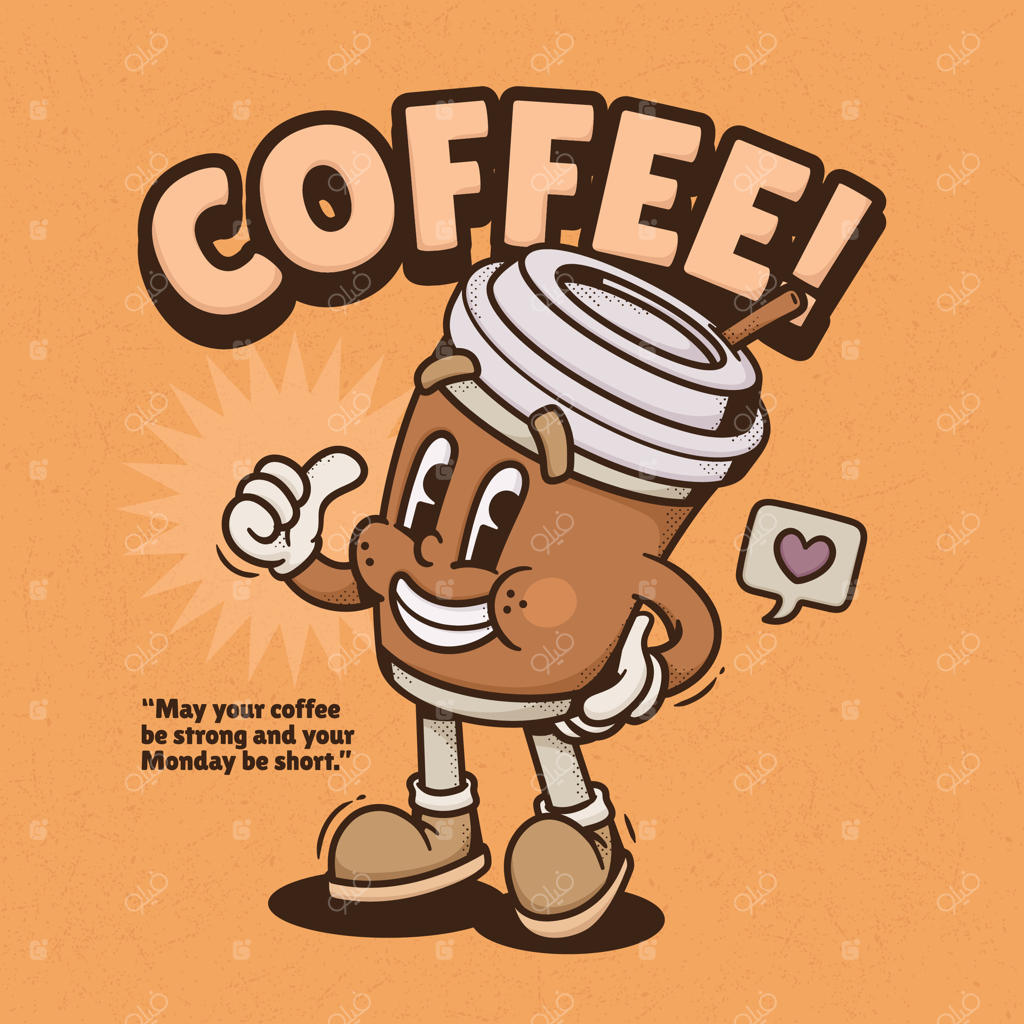 شخصیت کارتونی فنجان قهوه بامزه با هیجان ایستاده است