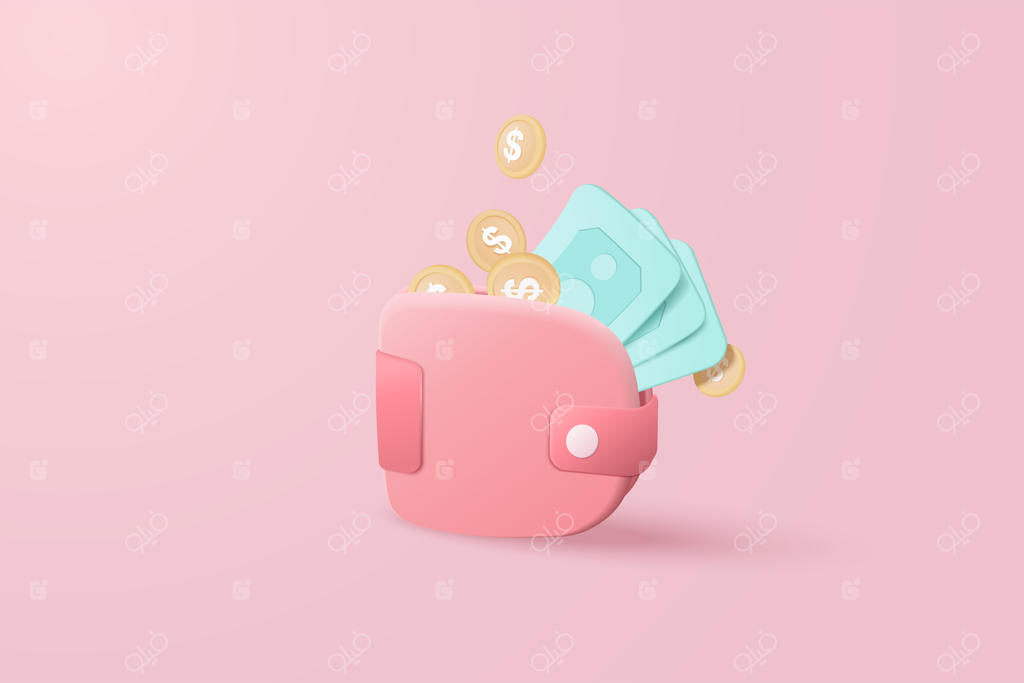 کیف پول سه‌بعدی حاوی پول، سکه دلار با زمینه جدا، مفهوم پرداخت آنلاین و پس‌انداز پول. رندر کیف پول سه‌بعدی برای تجارت، بانک، امور مالی و سرمایه‌گذاری