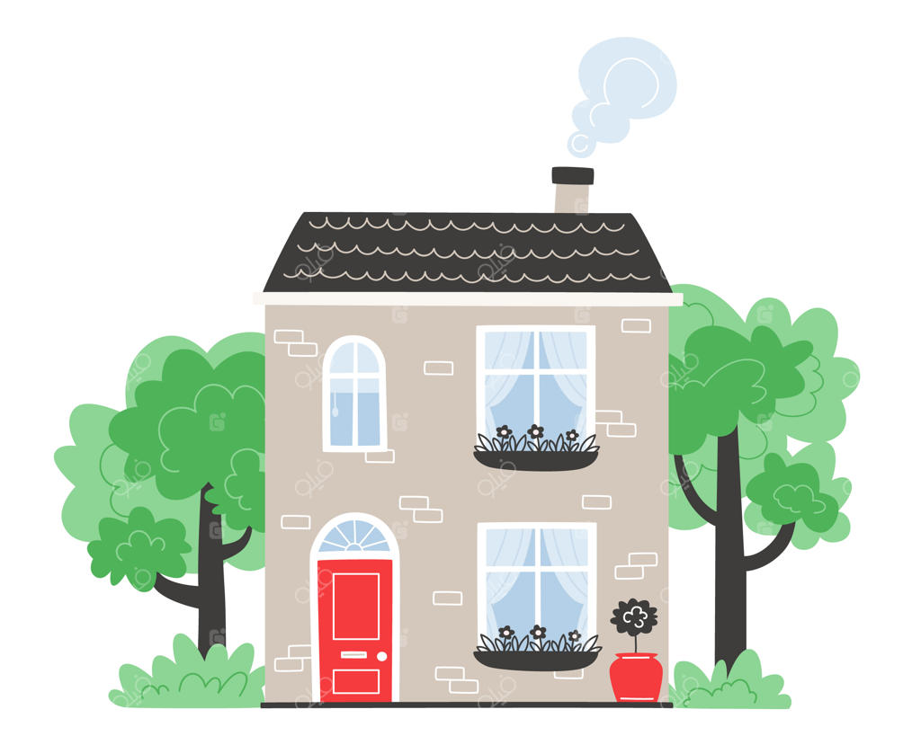 خانه انگلیسی با در قرمز میان درختان سرسبز به سبک کارتونی