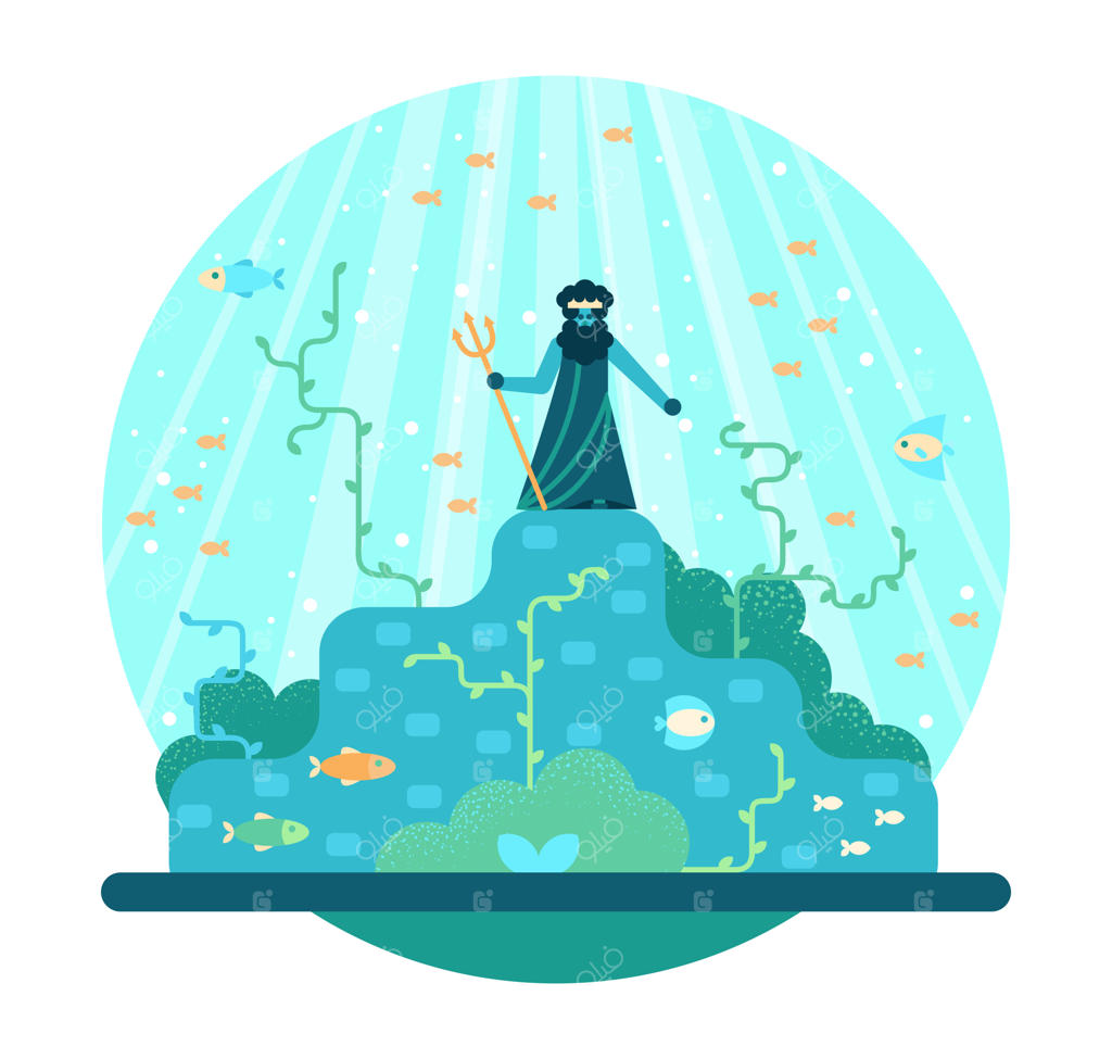 خدای کارتونی دریاها و اقیانوس‌ها با توگا، تاج و نیزه سه شاخه