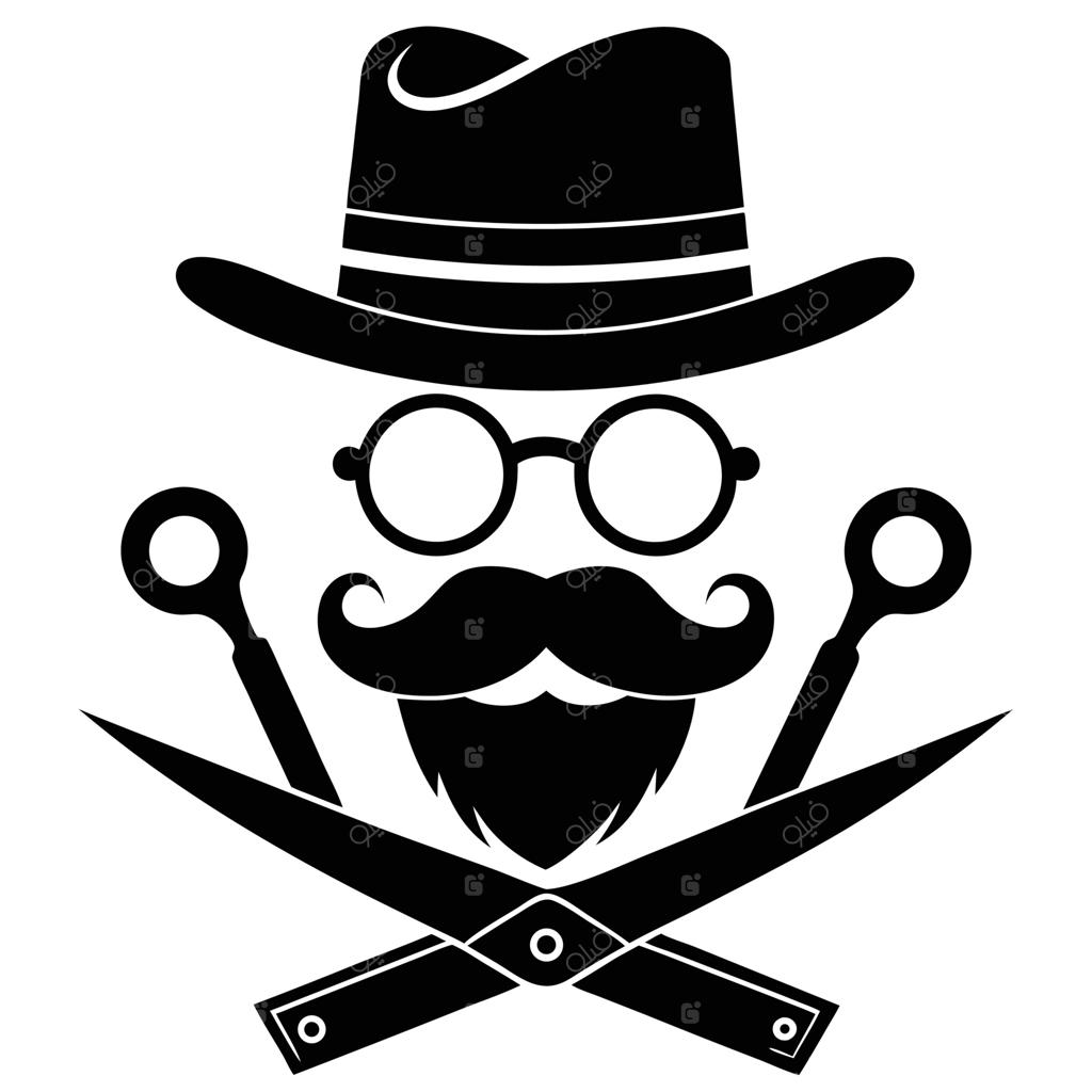 نماد آرایشگاه شامل کلاه، عینک، سبیل، ریش و قیچی‌های ضربدری به صورت سیاه و سفید