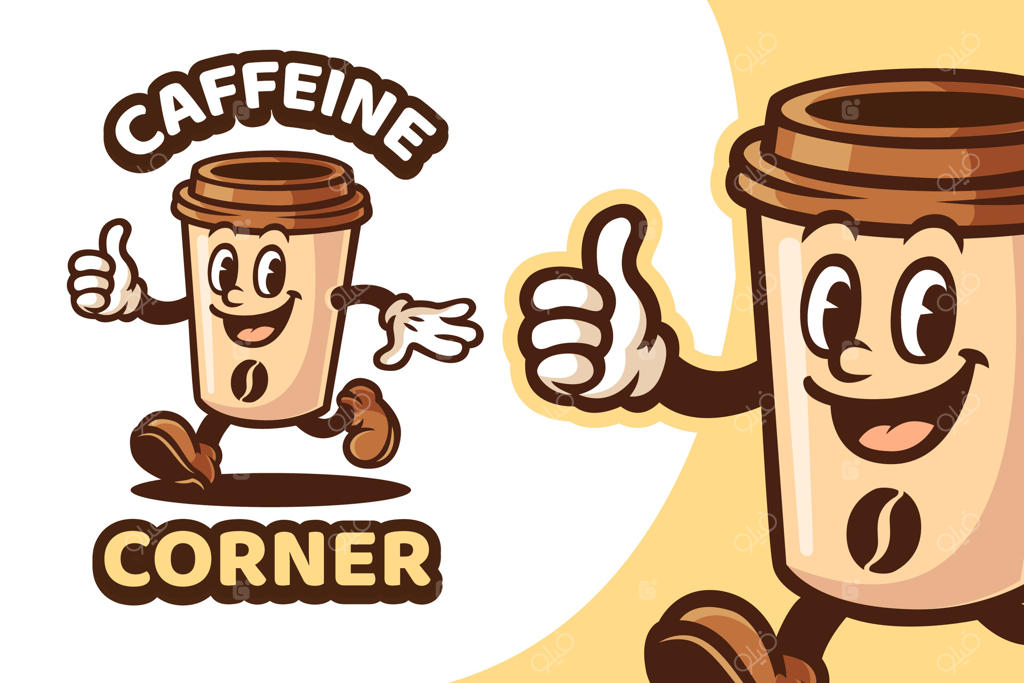 لوگوی نوستالژیک فنجان قهوه برای کافی‌شاپ و کافه. تصویر کاراکتر کارتونی به سبک قدیمی