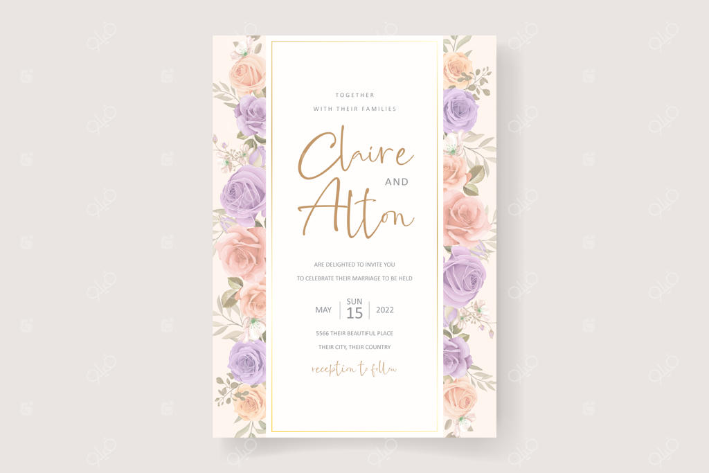 طراحی کارت دعوت عروسی با طرح گل‌ها و برگ‌های نرم و زیبا