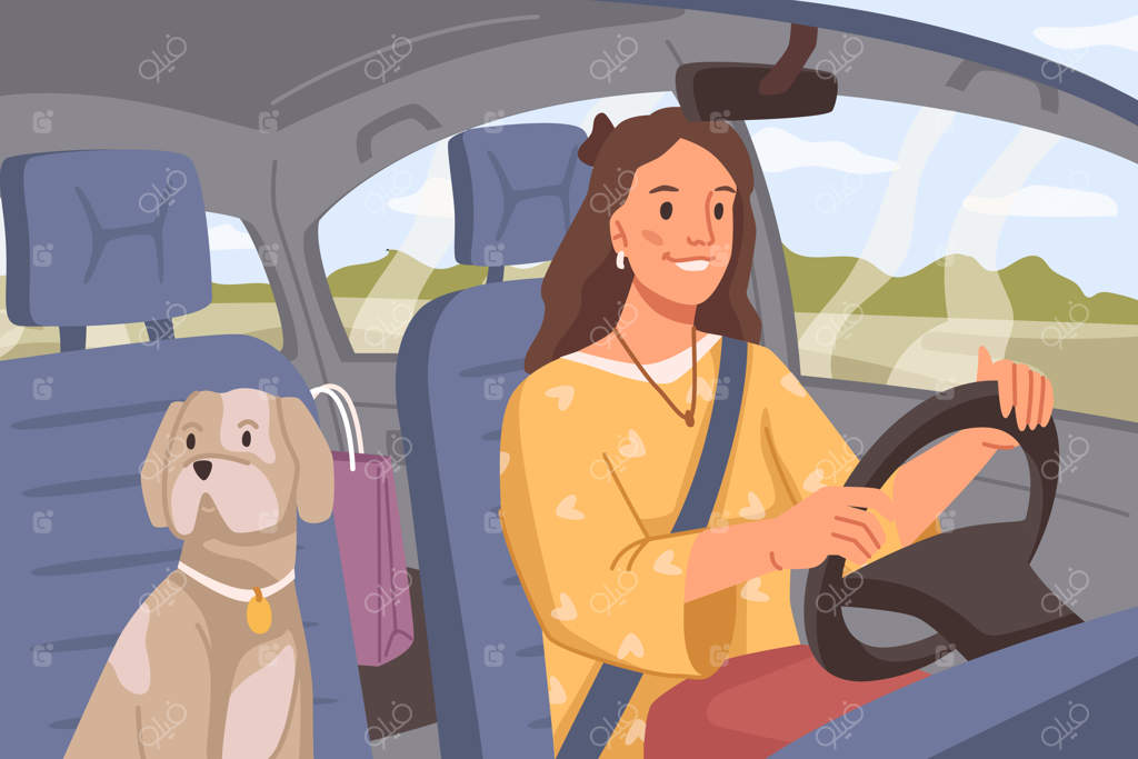 زنی با سگ در سفر جاده‌ای با ماشین