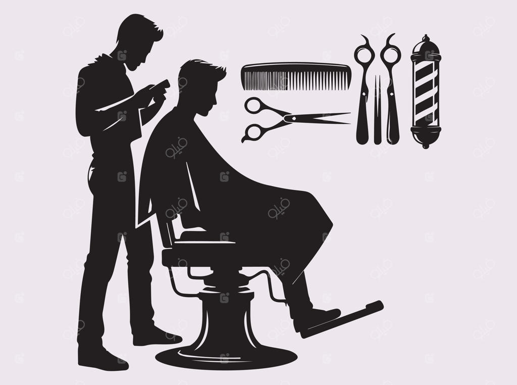 تصویر هنری مدرن آرایشگر با قیچی و ماشین پیرایش برای دکور سالن