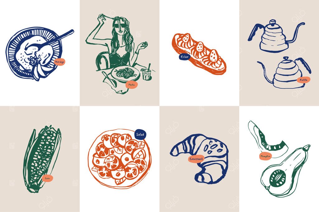 مجموعه تصویرسازی وکتور غذا و نوشیدنی با طرح دستی مینیمال