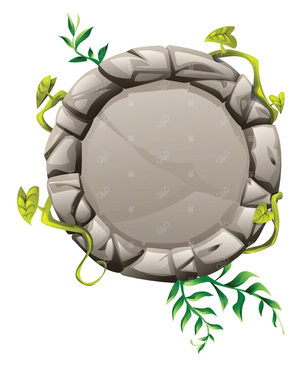 قاب سنگی دایره‌ای جنگلی با حاشیه تزیین شده با شاخه‌ها و برگ‌های تزئینی. تصویر کارتونی