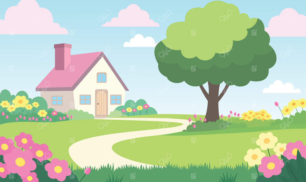 ساختمان زیبا با باغ پر از گل‌های رنگارنگ و چشم‌انداز طبیعی در تابستان