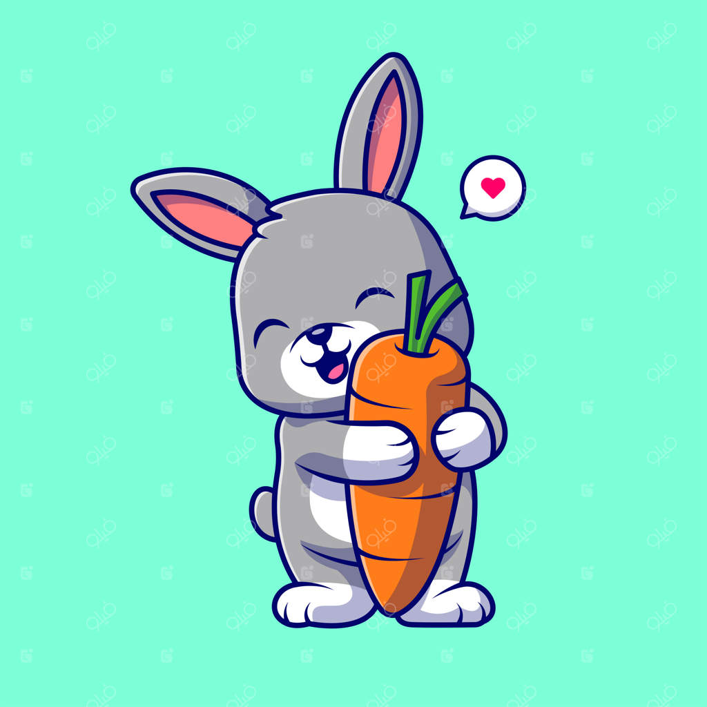 آیکن بامزه خرگوش بغل کننده هویج - تصویر وکتور کارتونی. مفهوم آیکن غذای حیوانات، طراحی فلت و مجزا