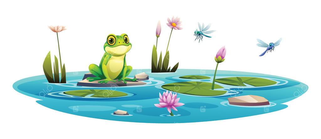 قورباغه و سنجاقک‌ها در برکه‌ای با نیلوفر آبی - تصویرسازی کارتونی وکتور روی زمینه سفید