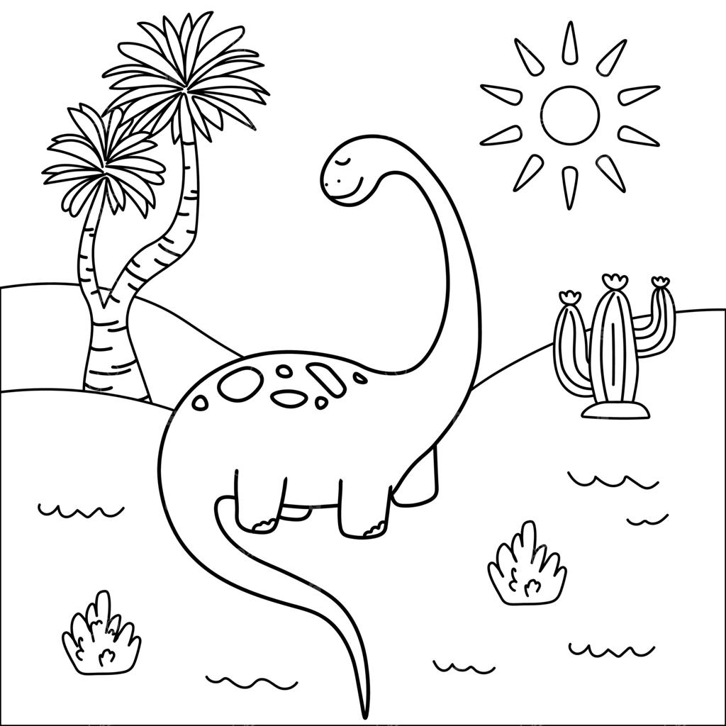دایناسور گردن‌دراز بامزه و خندان در منظره بیابانی ماقبل تاریخ با نخل، کاکتوس، خورشید، تپه‌ها و چمن؛ مناسب برای کتاب‌های رنگ‌آمیزی کودکان