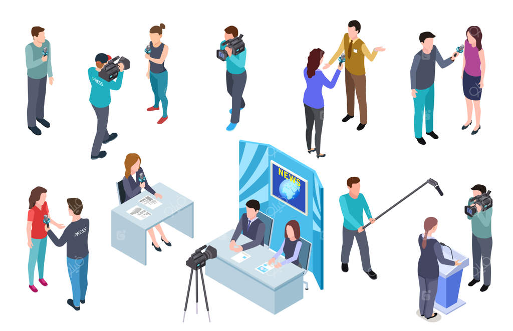 خبرنگار ایزومتریک: تیم فیلمبرداری استودیوی تلویزیون، خبرنگاران، رسانه‌های جمعی، پخش اخبار و مجموعه مصاحبه رادیویی