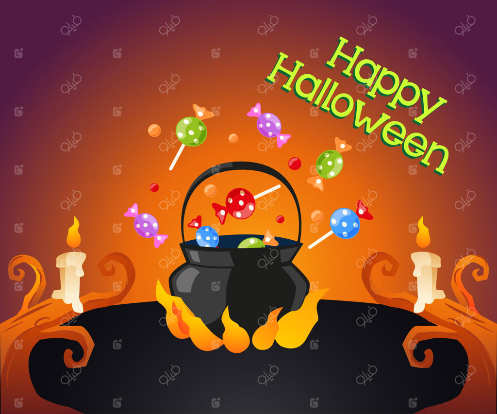 دیگ هالووین پر از آب‌نبات و حباب‌های داغ