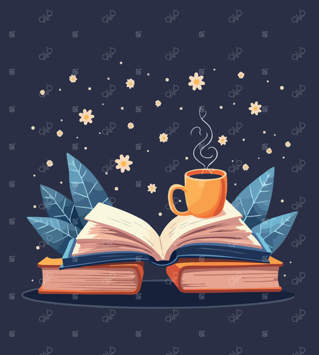 کتاب و فنجان قهوه به همراه کتابی با پس‌زمینه گل‌دار